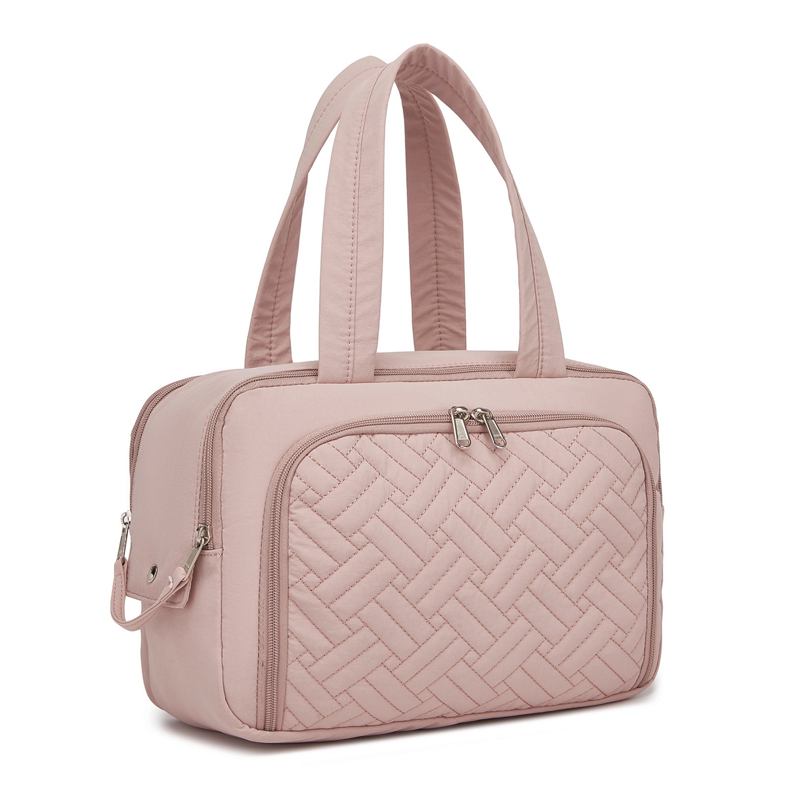 Kono Travel Quilted Toiletry Bag – Water-Resistant, Wet/Dry Pocket, Large 180° Opening for Easy Access - Nude