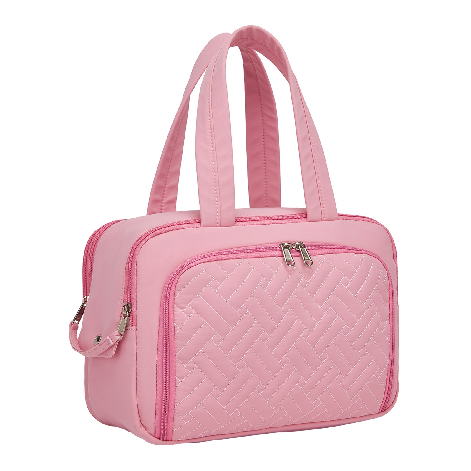 Kono Travel Quilted Toiletry Bag – Water-Resistant, Wet/Dry Pocket, Large 180° Opening for Easy Access - Pink