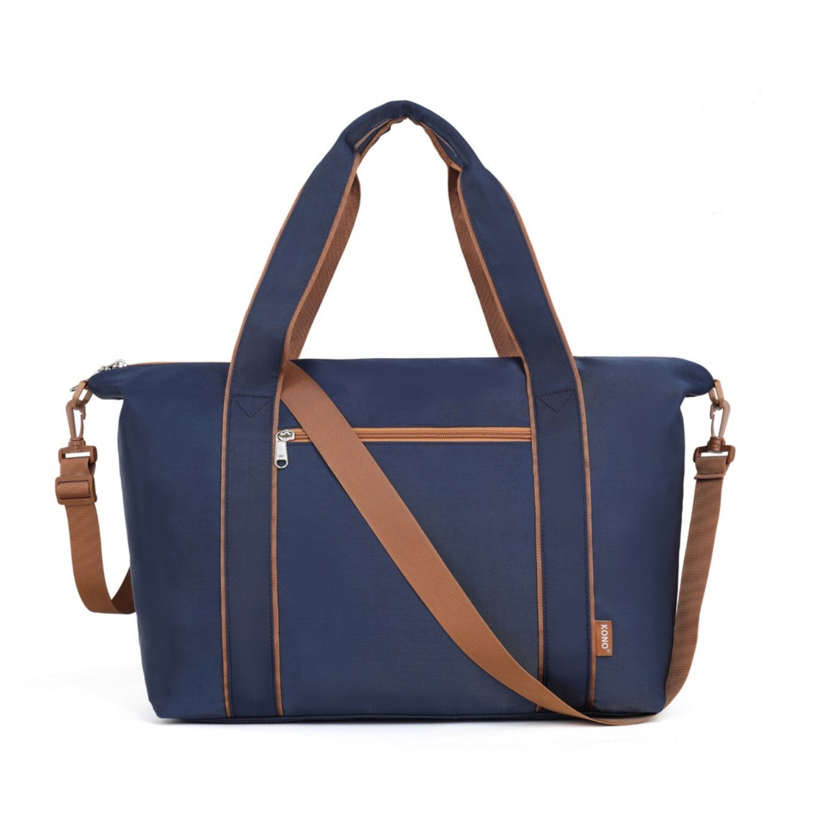 Kono Lightweight Waterproof Weekender Tote Bag Foldable Cabin Flight Duffel Ideal for Underseat Carry-On Travel - Navy and Brown