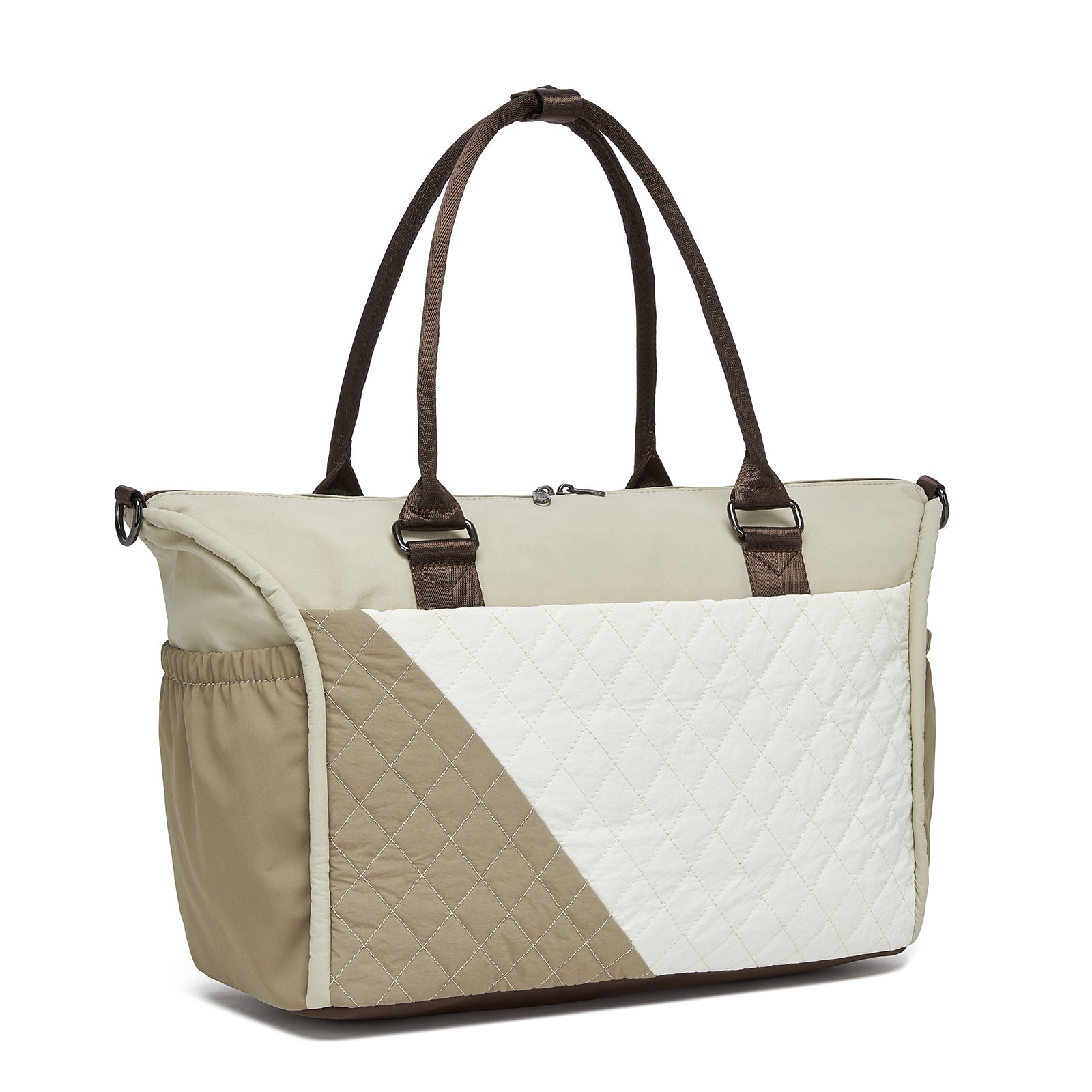 Miss Lulu Stylish Quilted Color-Blocked Cabin Travel Bag with Dry-wet separation compartment & Trolley Sleeve - Khaki and Beige